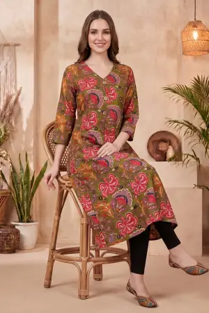 Olive Green Kalamkari Print A Line Long Kurta with V Neck - photo 6