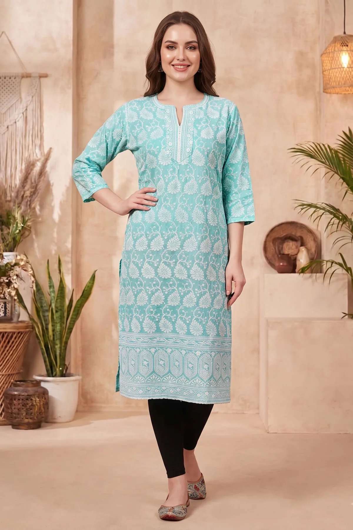 Phirozi Cotton Long Kurti with Chikankari Embroidery