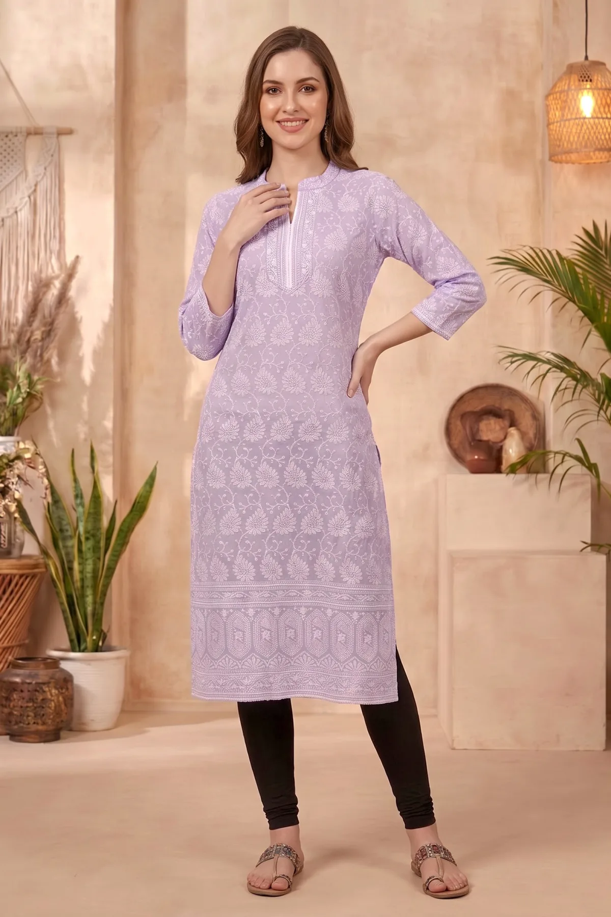 Purple Cotton Long Kurta with Chikankari Embroidery and Band Collar