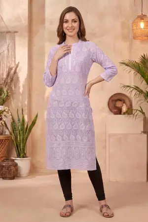 Purple Cotton Long Kurta with Chikankari Embroidery and Band Collar - photo 1