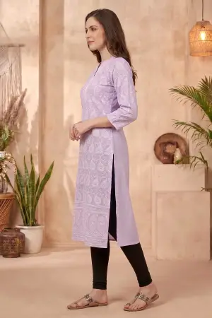 Purple Cotton Long Kurta with Chikankari Embroidery and Band Collar - photo 2