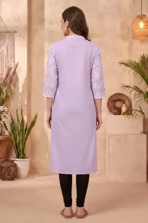 Purple Cotton Long Kurta with Chikankari Embroidery and Band Collar - photo 4