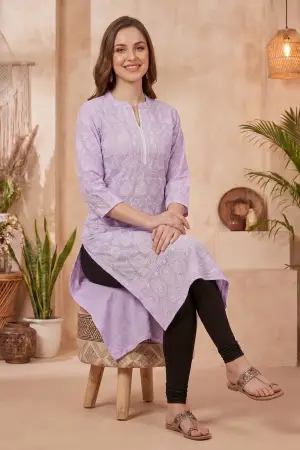 Purple Cotton Long Kurta with Chikankari Embroidery and Band Collar - photo 5