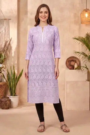Purple Cotton Long Kurta with Chikankari Embroidery and Band Collar - photo 6