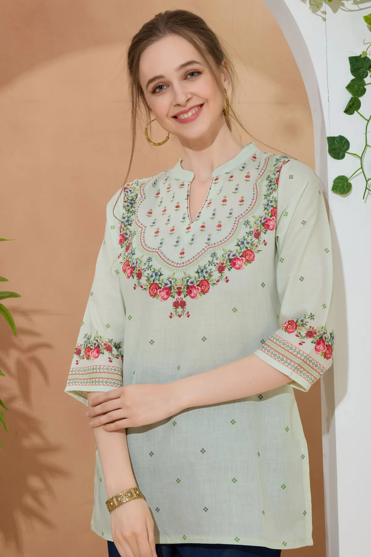 Elegant Pista Color Ethnic Print Cotton Short Kurti with Ban Collar