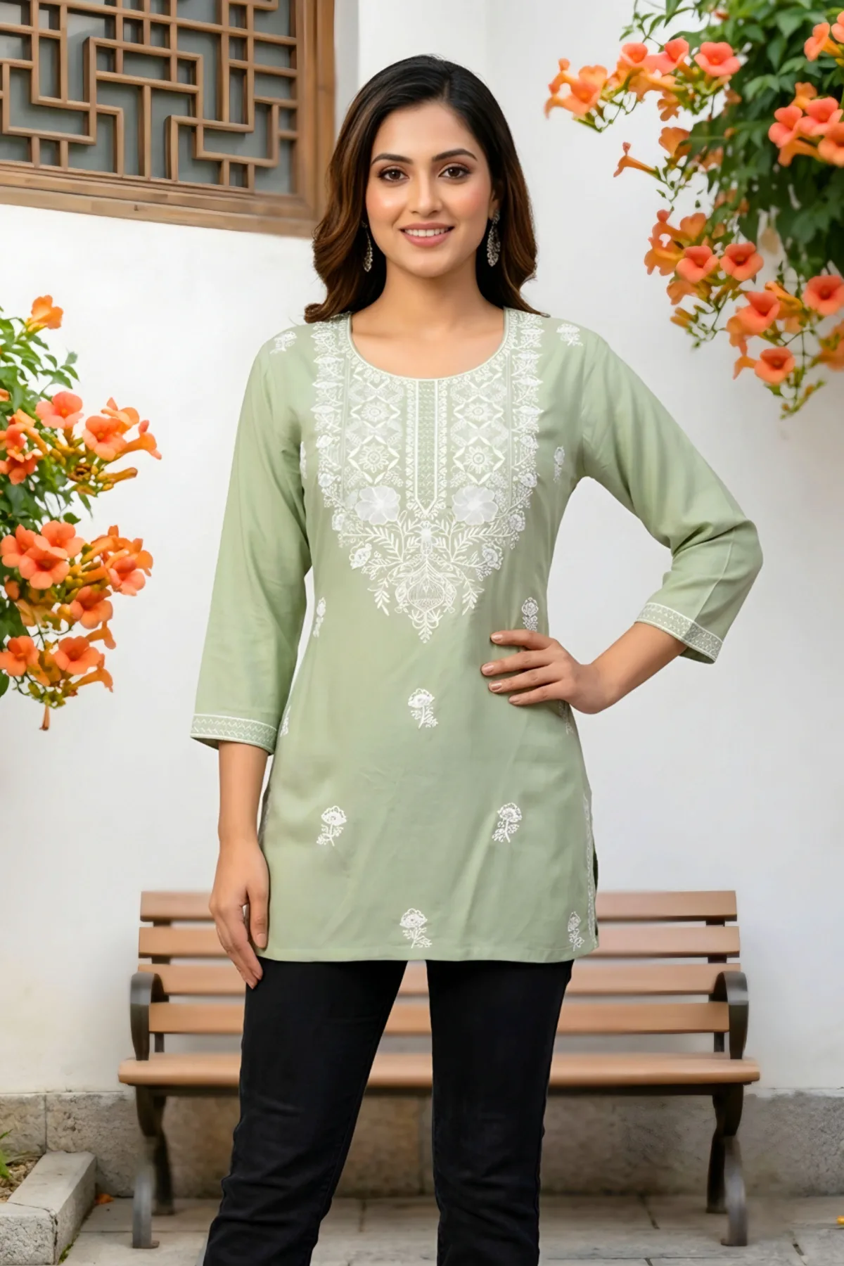 Pista Rayon Short Kurti with Chikankari Embroidery