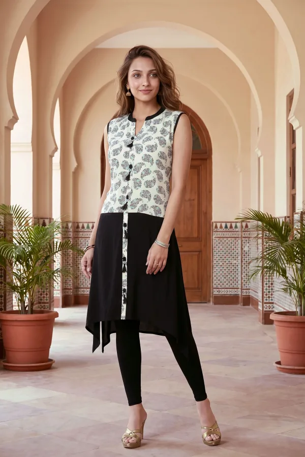 Black And Cream Rayon Tunic Kurta With Show Buttons