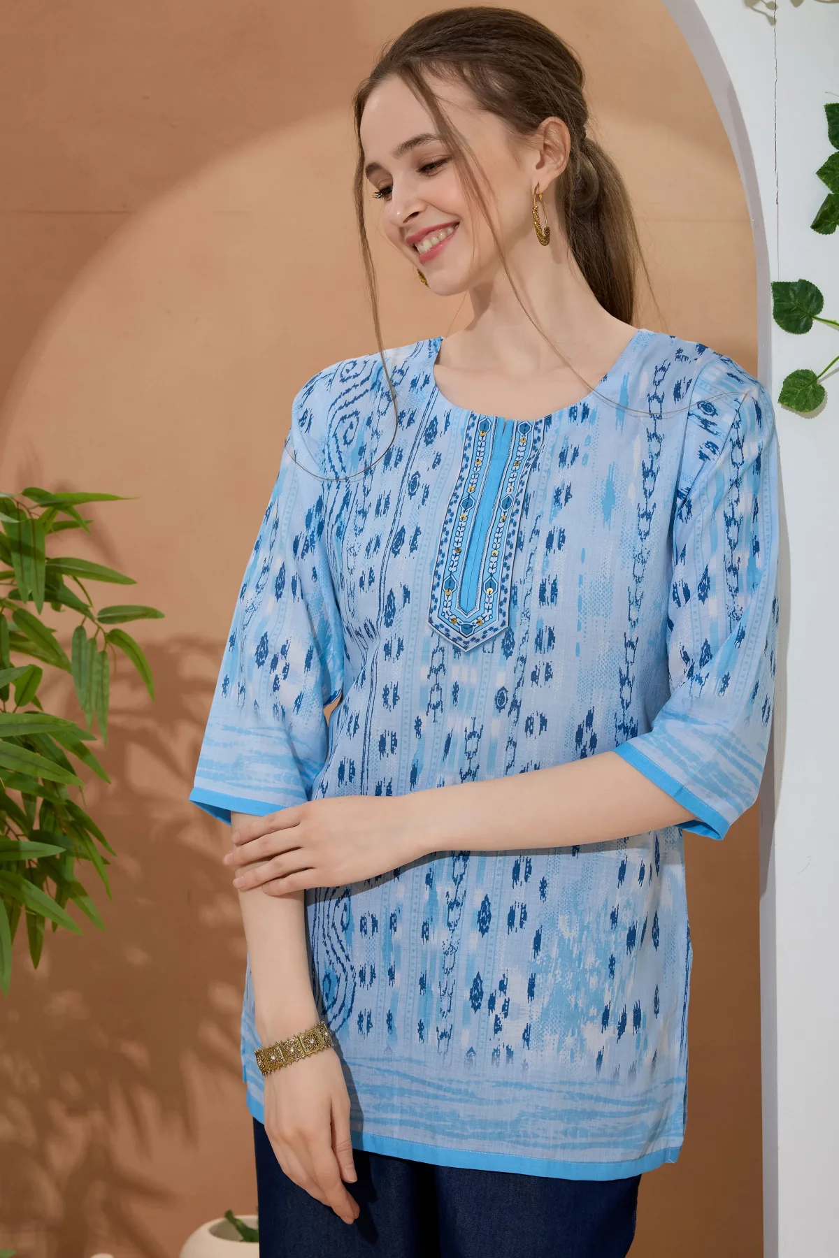 Sky Blue Ethnic Print Cotton Short Kurti with Thread Work