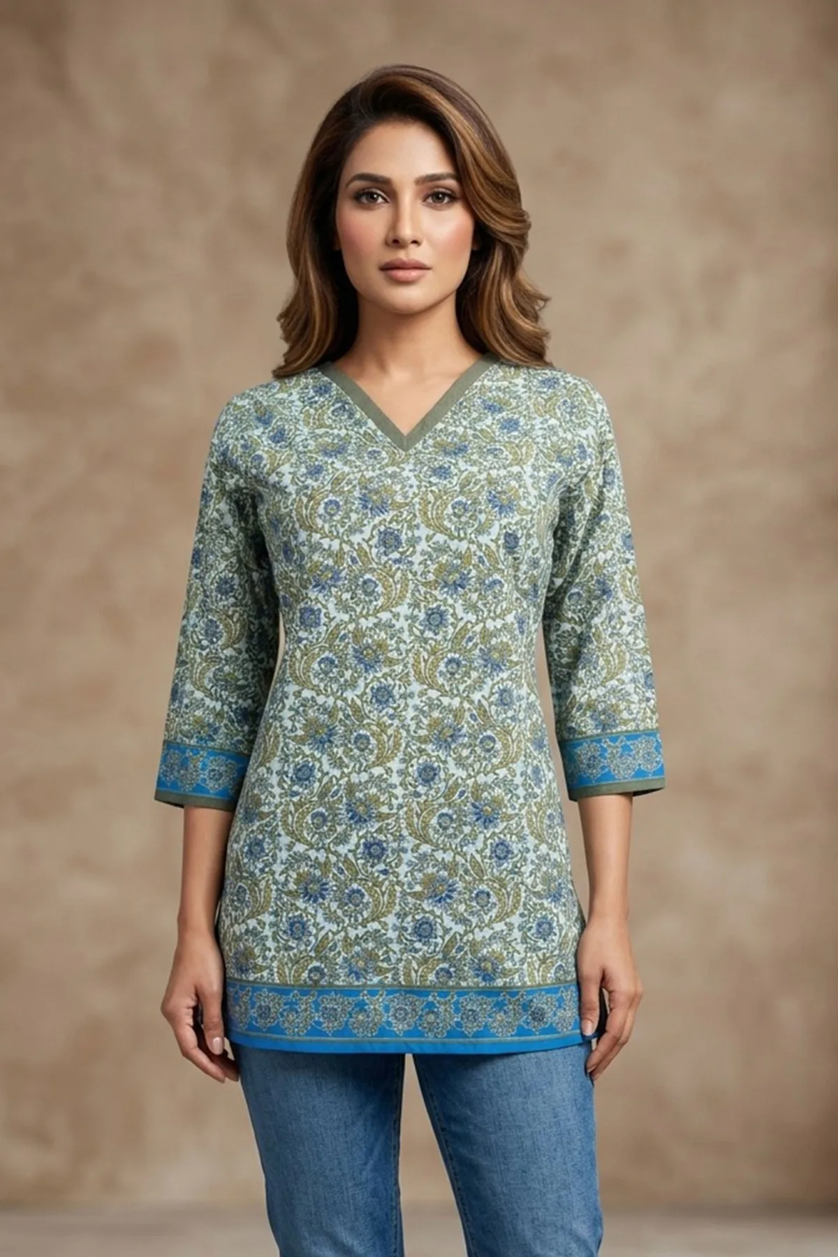 Pista Green V Neck Jaipuri Print Cotton Short Kurti