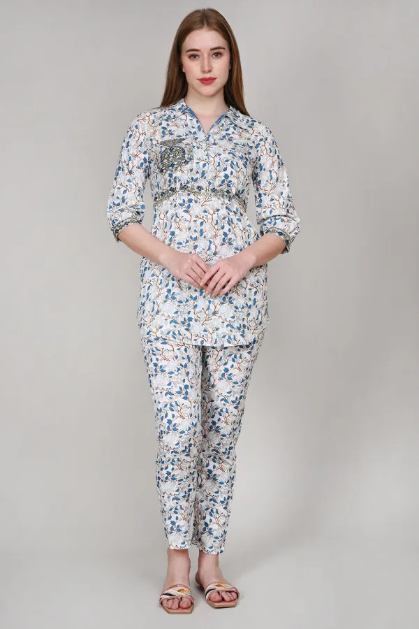 White Leaf Print Cotton Co-Ord Set with Mirror Work