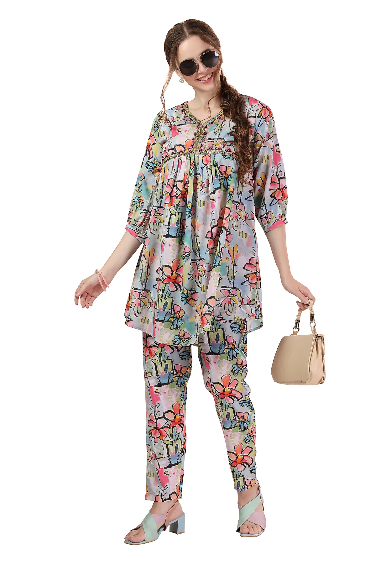Ethnic Abstract Flower Print Cotton Aliya Cut Co Ord Set