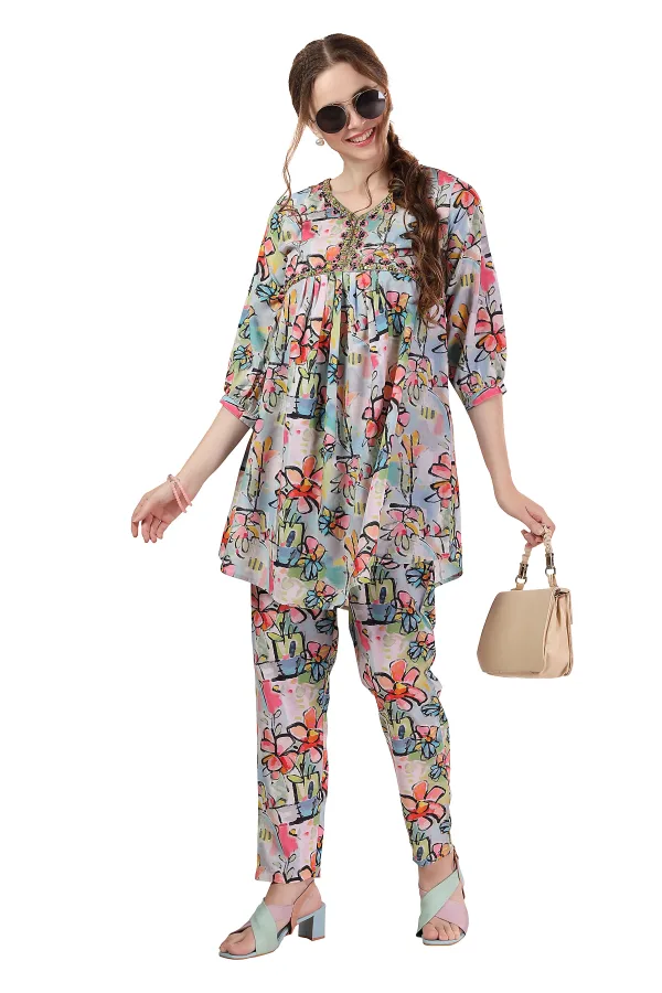 Ethnic Abstract Flower Print Cotton Aliya Cut Co Ord Set