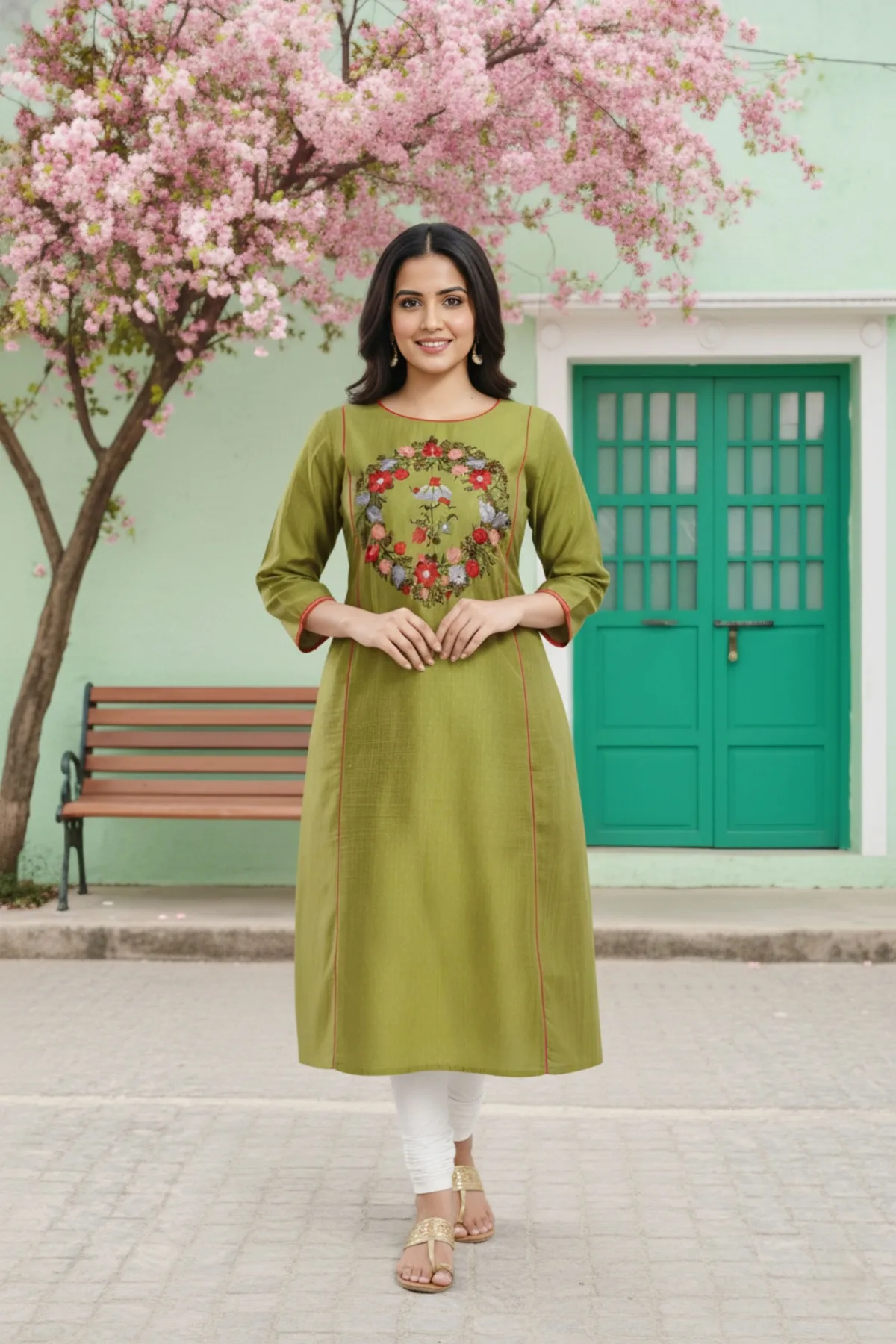 Ethnic Embroidered Green Raw Silk Tunic