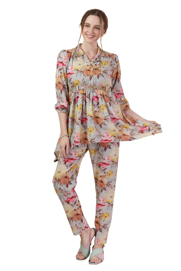 Rama Green Floral Print Cotton Co-Ord Set with Belt