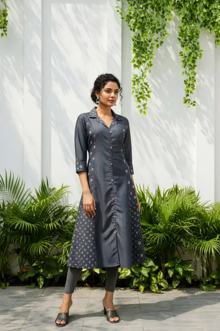Black Denim Indo Western Dress with Coat Collar
