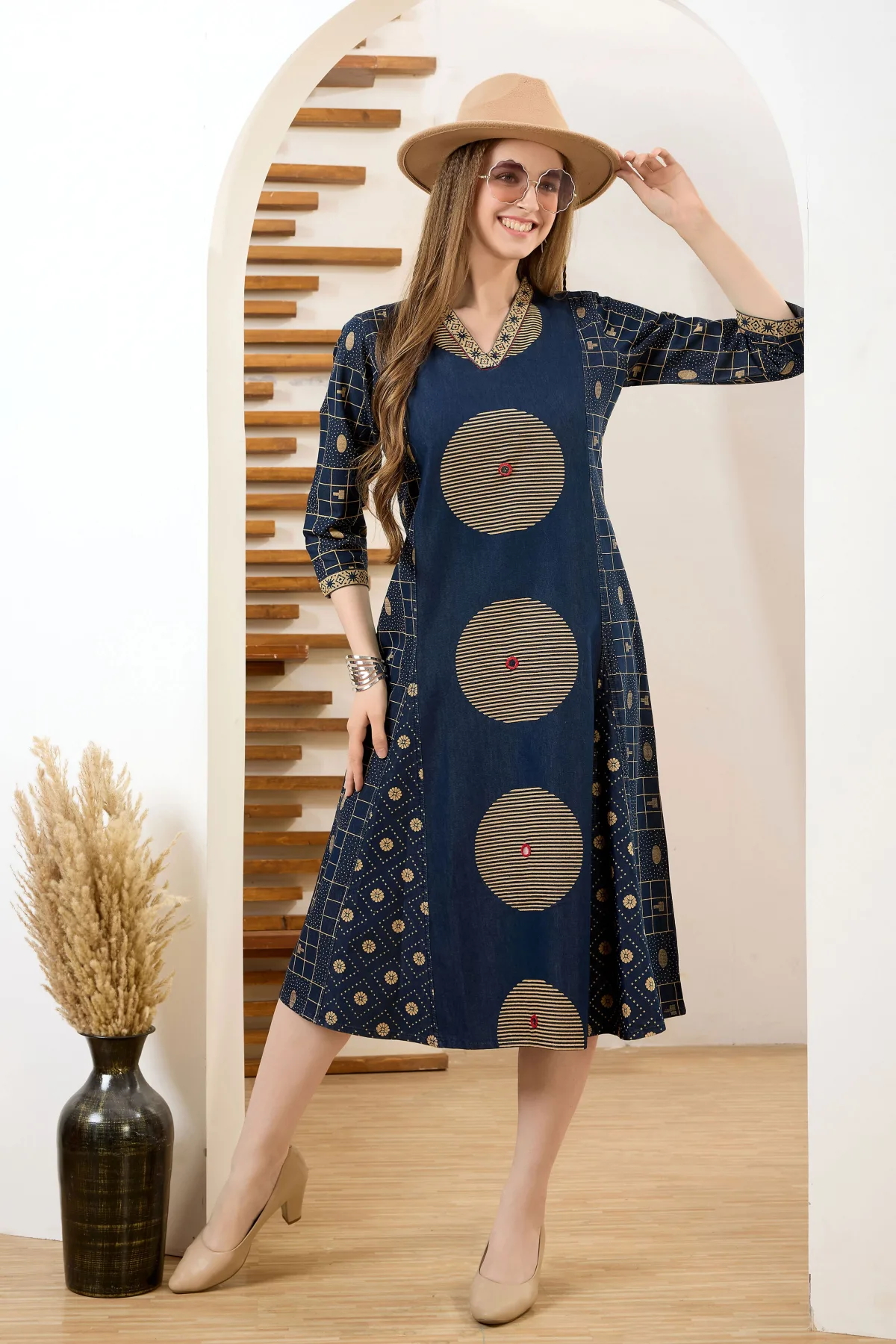 Denim Blue V Neck A Line Indo Western Dress