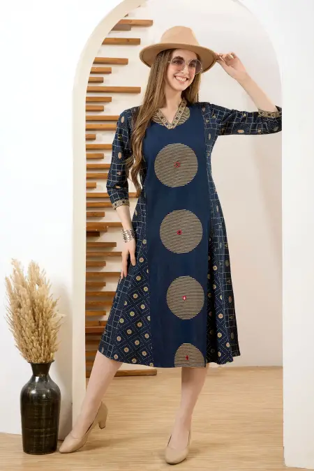 Denim Blue V Neck A Line Indo Western Dress