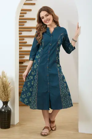 Denim Blue A Line Dress with Ethnic Motif Print - photo 1