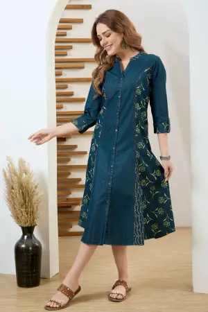 Denim Blue A Line Dress with Ethnic Motif Print - photo 2
