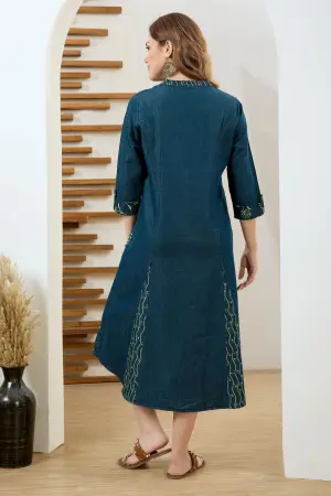 Denim Blue A Line Dress with Ethnic Motif Print - photo 4