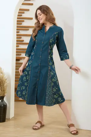 Denim Blue A Line Dress with Ethnic Motif Print - photo 5