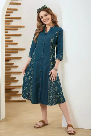 Denim Blue A Line Dress with Ethnic Motif Print - photo 6