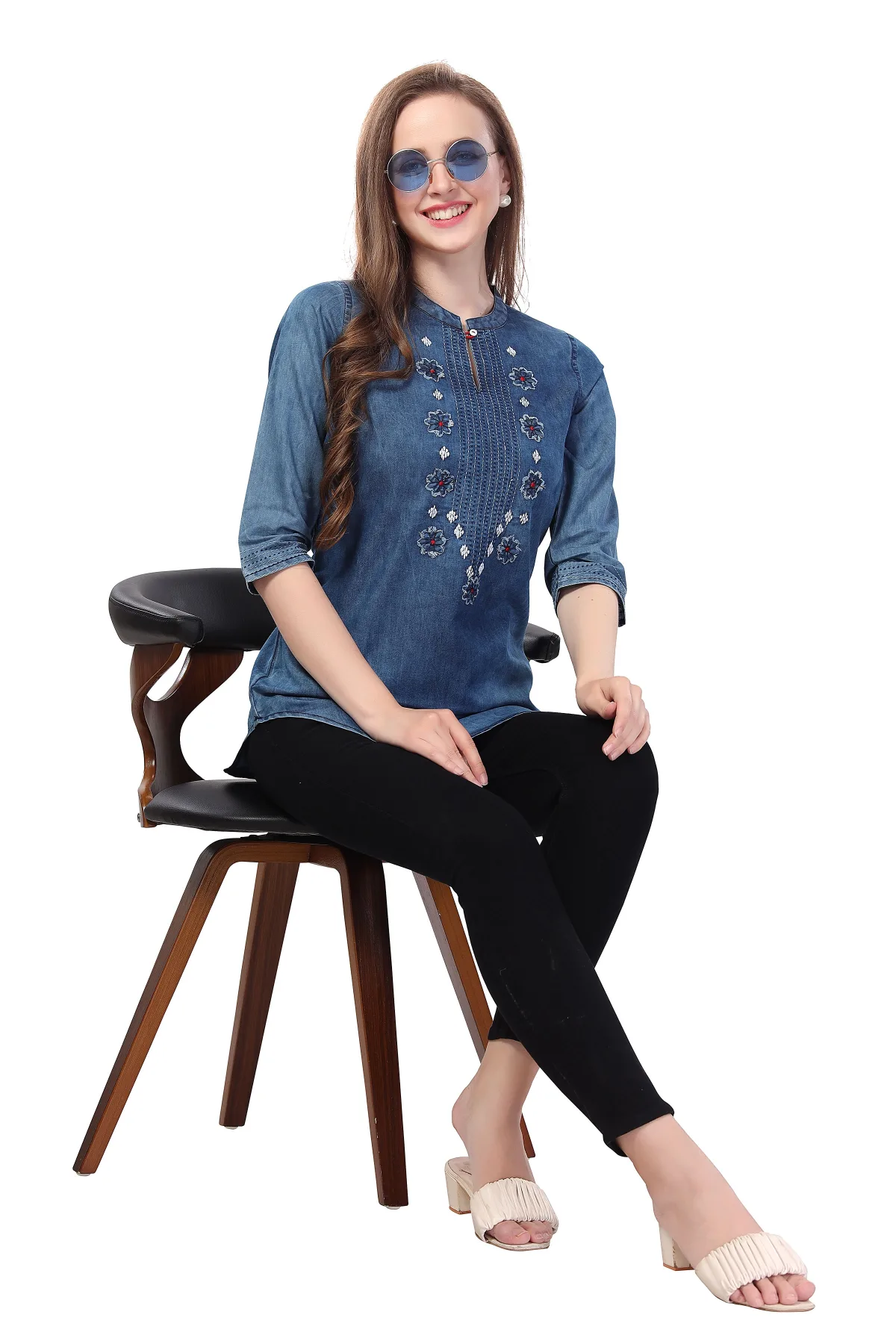 Denim Blue Tunic with Applique Embroidery, Cloud Wash