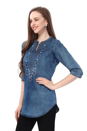 Denim Blue Tunic with Applique Embroidery, Cloud Wash - photo 2