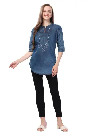 Denim Blue Tunic with Applique Embroidery, Cloud Wash - photo 3