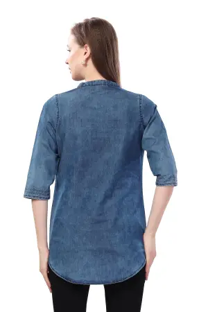 Denim Blue Tunic with Applique Embroidery, Cloud Wash - photo 4