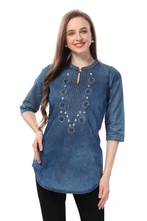 Denim Blue Tunic with Applique Embroidery, Cloud Wash - photo 5