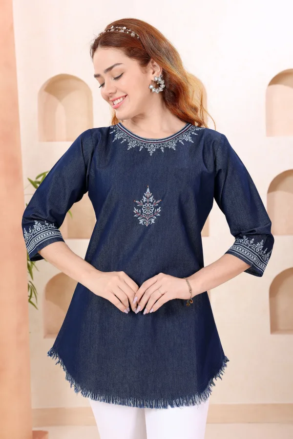 Denim Blue Boat Neck Tunic with Hand Embroidery