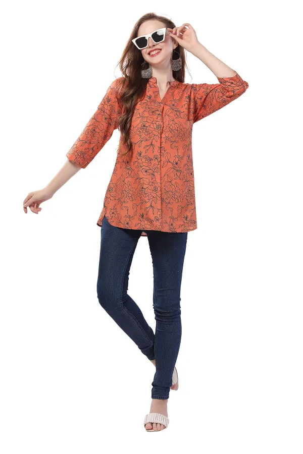 Rust Printed Short Tunic in Faux Crepe