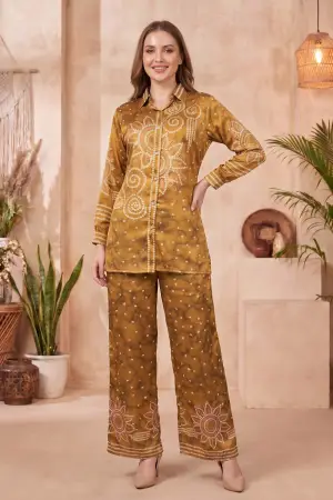 Mustard Crepe Silk Bandhani Print Co Ord Set with Shirt Collar - photo 1