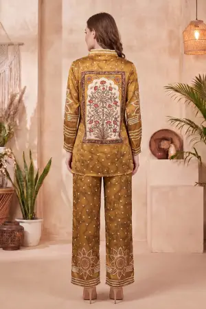 Mustard Crepe Silk Bandhani Print Co Ord Set with Shirt Collar - photo 2