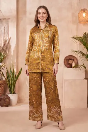Mustard Crepe Silk Bandhani Print Co Ord Set with Shirt Collar - photo 5