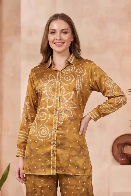 Mustard Modal Crepe Silk Bandhani Print Shirt with Floral Back Panel
