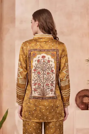 Mustard Modal Crepe Silk Bandhani Print Shirt with Floral Back Panel - photo 2