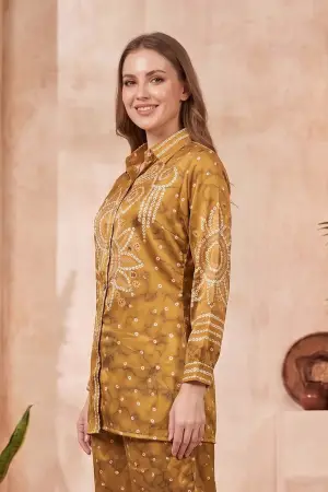 Mustard Modal Crepe Silk Bandhani Print Shirt with Floral Back Panel - photo 3