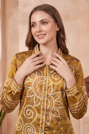 Mustard Modal Crepe Silk Bandhani Print Shirt with Floral Back Panel - photo 4