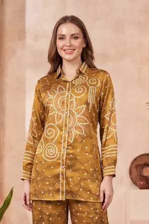 Mustard Modal Crepe Silk Bandhani Print Shirt with Floral Back Panel - photo 5