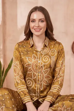 Mustard Modal Crepe Silk Bandhani Print Shirt with Floral Back Panel - photo 6