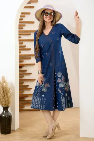 Denim Blue V Neck A Line Indo Western Dress - photo 1