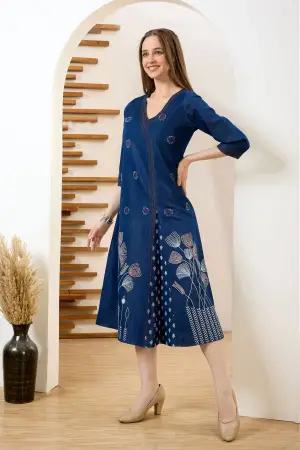 Denim Blue V Neck A Line Indo Western Dress - photo 2