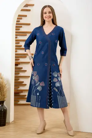 Denim Blue V Neck A Line Indo Western Dress - photo 3
