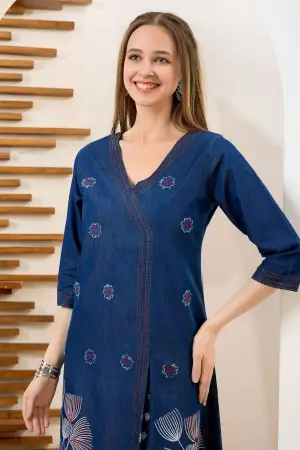 Denim Blue V Neck A Line Indo Western Dress - photo 6