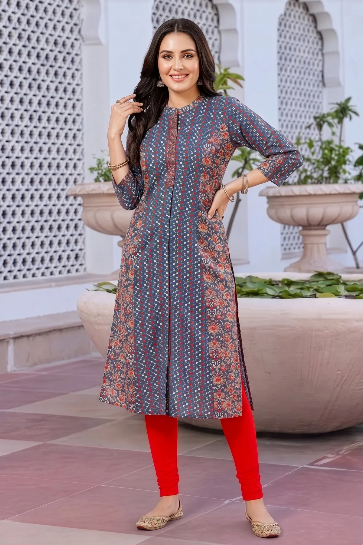 Gray Cotton Printed A-Line Kurta with Ban Collar