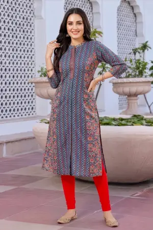 Gray Cotton Printed A-Line Kurta with Ban Collar - photo 1