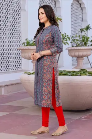 Gray Cotton Printed A-Line Kurta with Ban Collar - photo 2