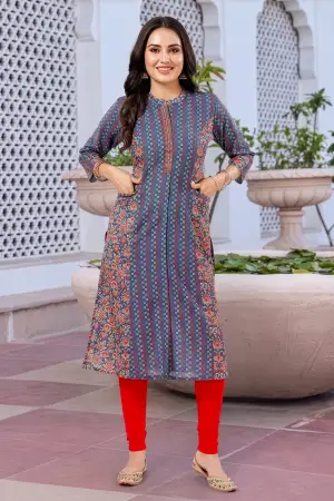 Gray Cotton Printed A-Line Kurta with Ban Collar - photo 3